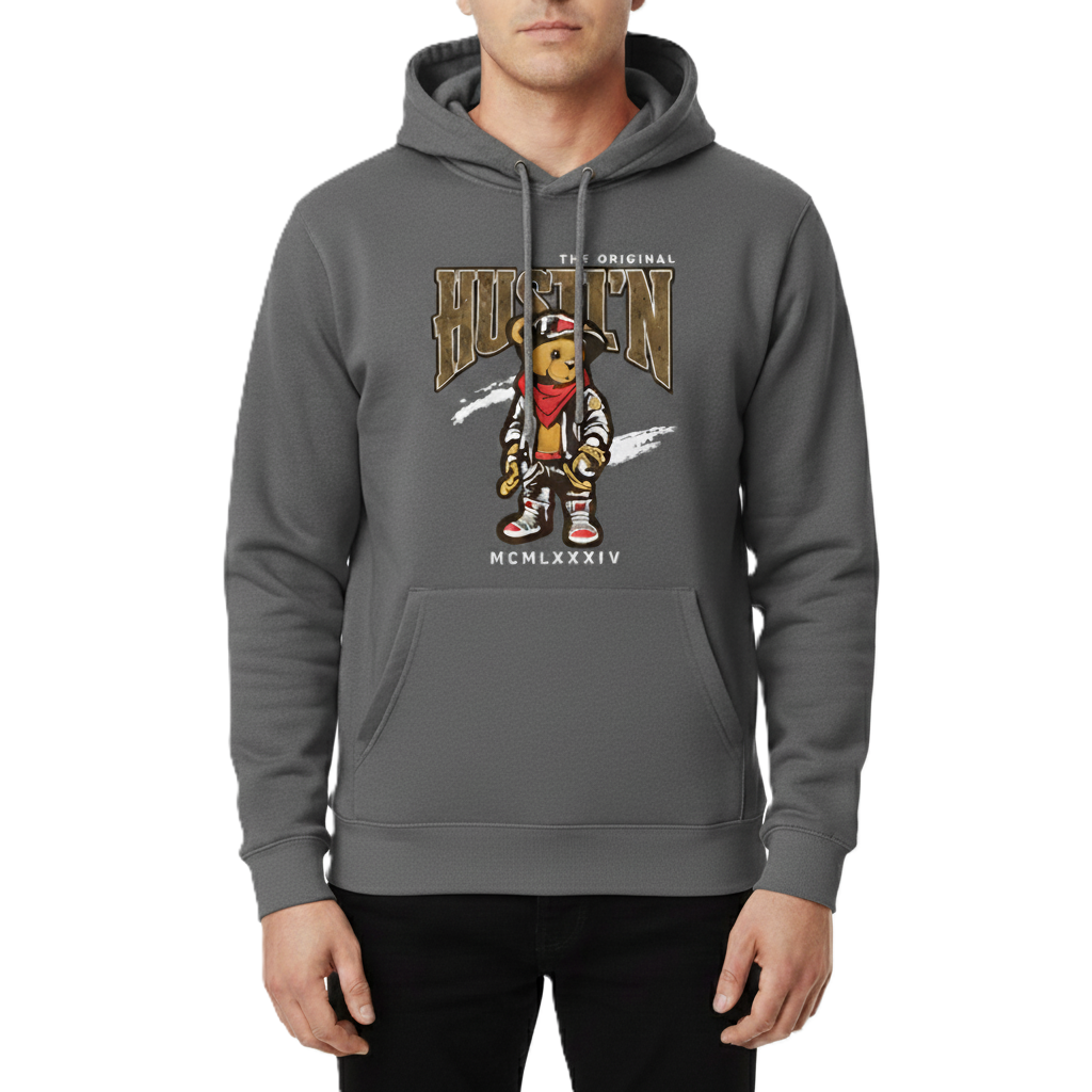 12 Pack Men’s Fashion Hoodie with Rhinestone Hustl'n Bear in Charcoal