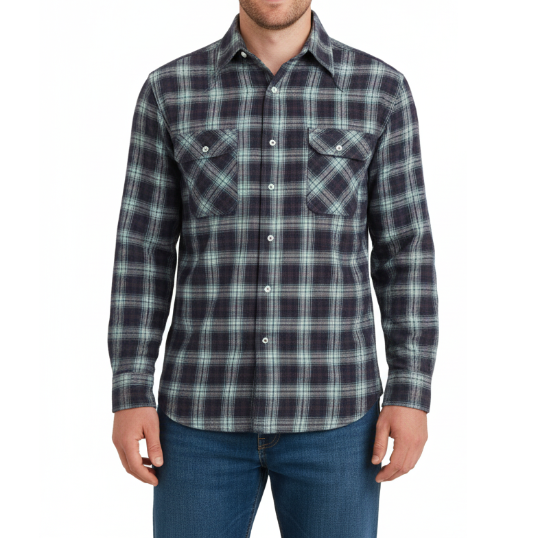 24 Pack Men's Long Sleeve Flannel Shirt - Light Blue / Navy