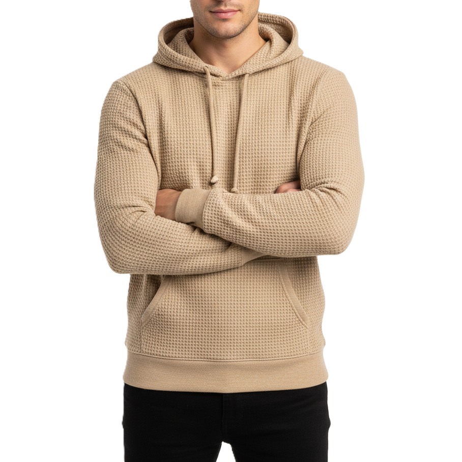24 Pack Men's Waffle Knit Pullover Hooded Sweater in Beige