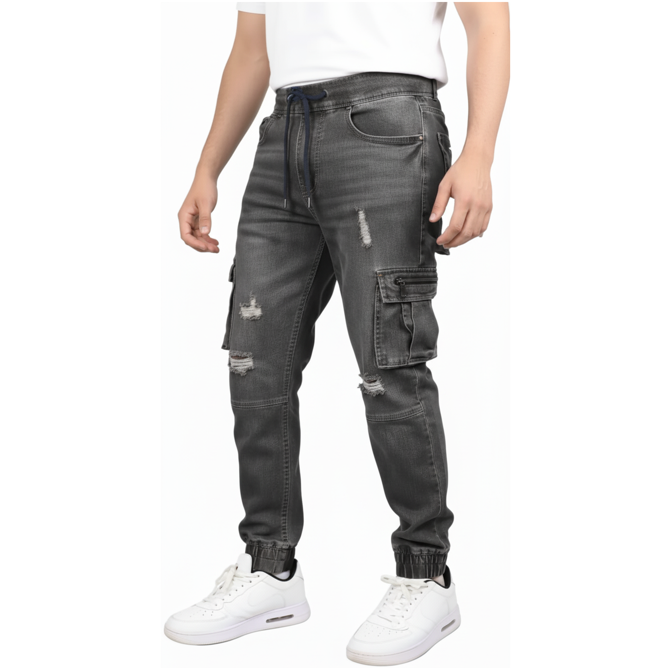 24 Pack Men’s Stretch Drawstring Cargo Jogger Ripped Jeans in Black