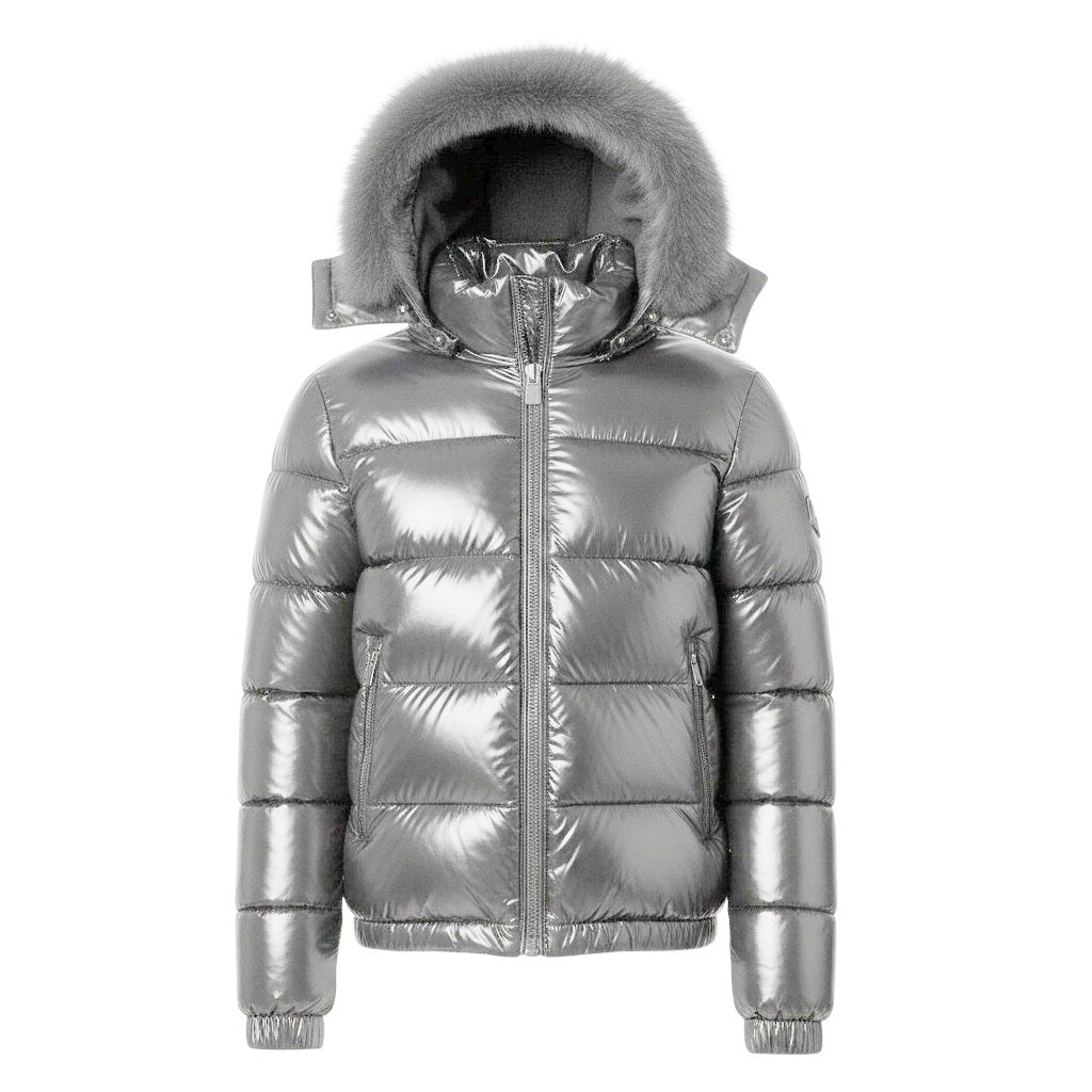 12 Pack Adult Shiny Bubble Jacket with Fur Hood in Silver