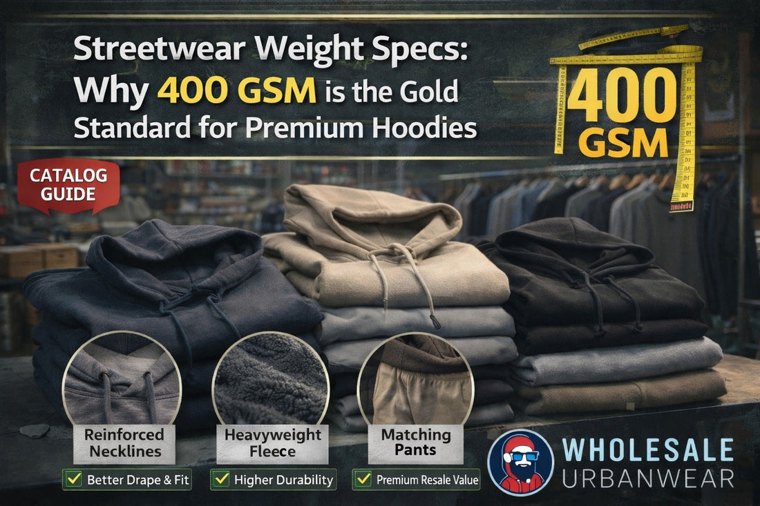 Streetwear weight specs graphic showing stacked premium hoodies with 400 GSM highlight, reinforced necklines, heavyweight fleece, and matching joggers for urbanwear retailers