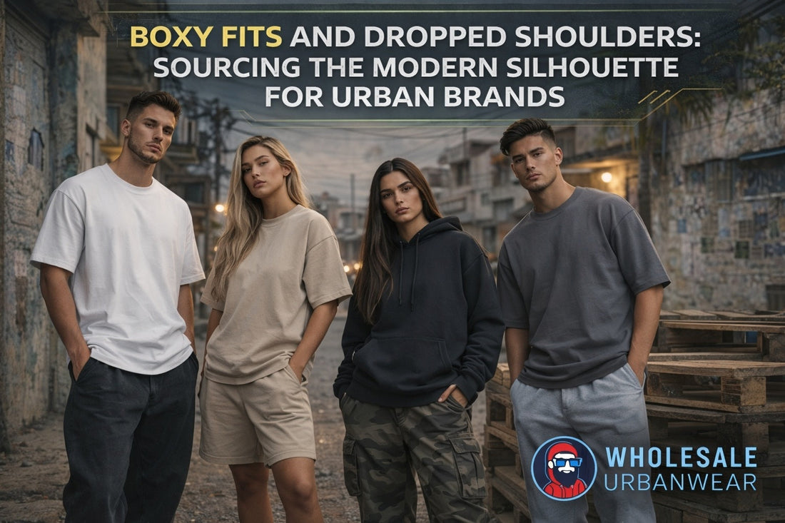 Boxy fit t-shirts and dropped shoulder hoodies worn by men and women in an urban environment, highlighting modern silhouettes for urban brands.