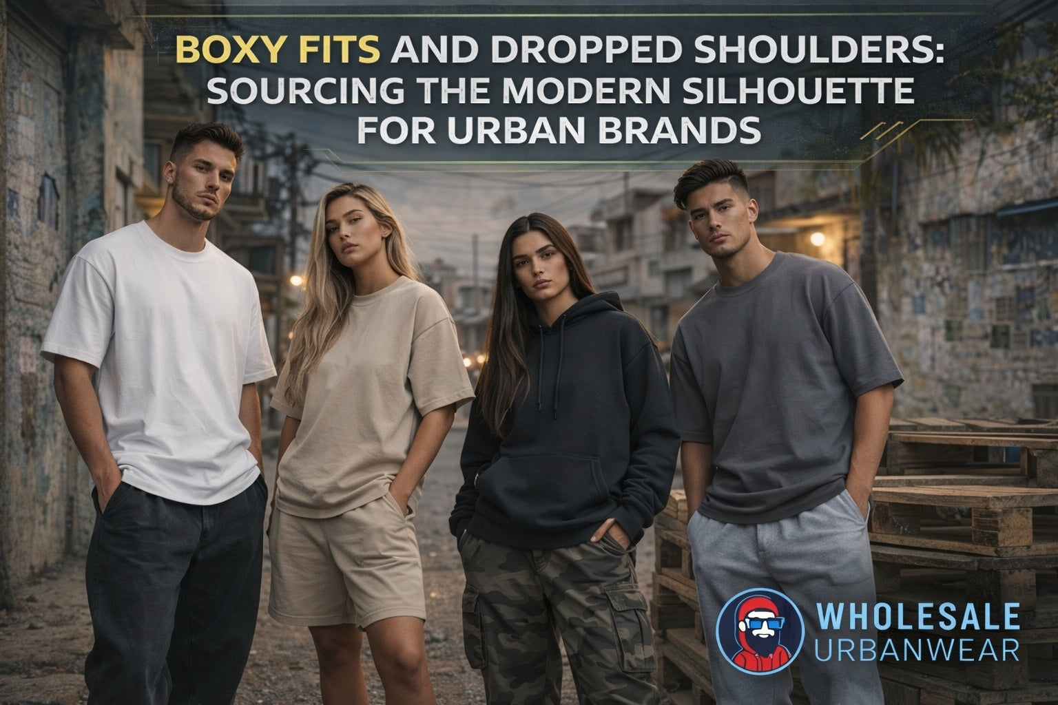Boxy fit t-shirts and dropped shoulder hoodies worn by men and women in an urban environment, highlighting modern silhouettes for urban brands.