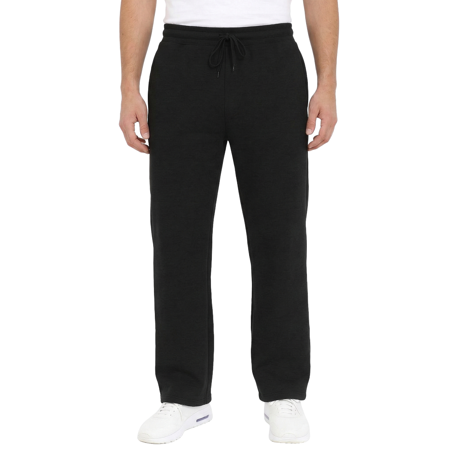 Person wearing black sweatpants on a white background