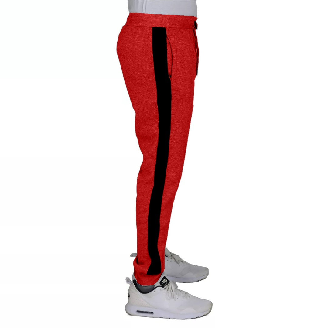 24 Pack Men's Fleece Jogger Sweatpants in Black with Red Stripe