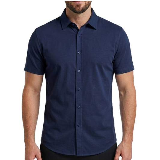 24 Pack Men's Short Sleeve Knit Button-Down Shirt in Navy